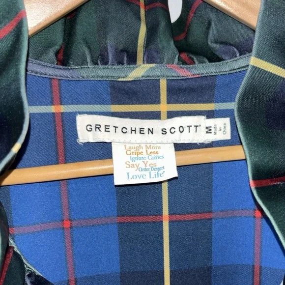 Gretchen Scott Ruffle Neck Middleton Red Plaid 3/4 Sleeve Blouse Top Size Medium - Picture 2 of 6